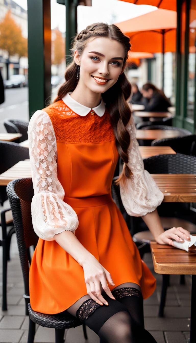 Girl in Orange Dress at Cafe, Cinematic Portrait