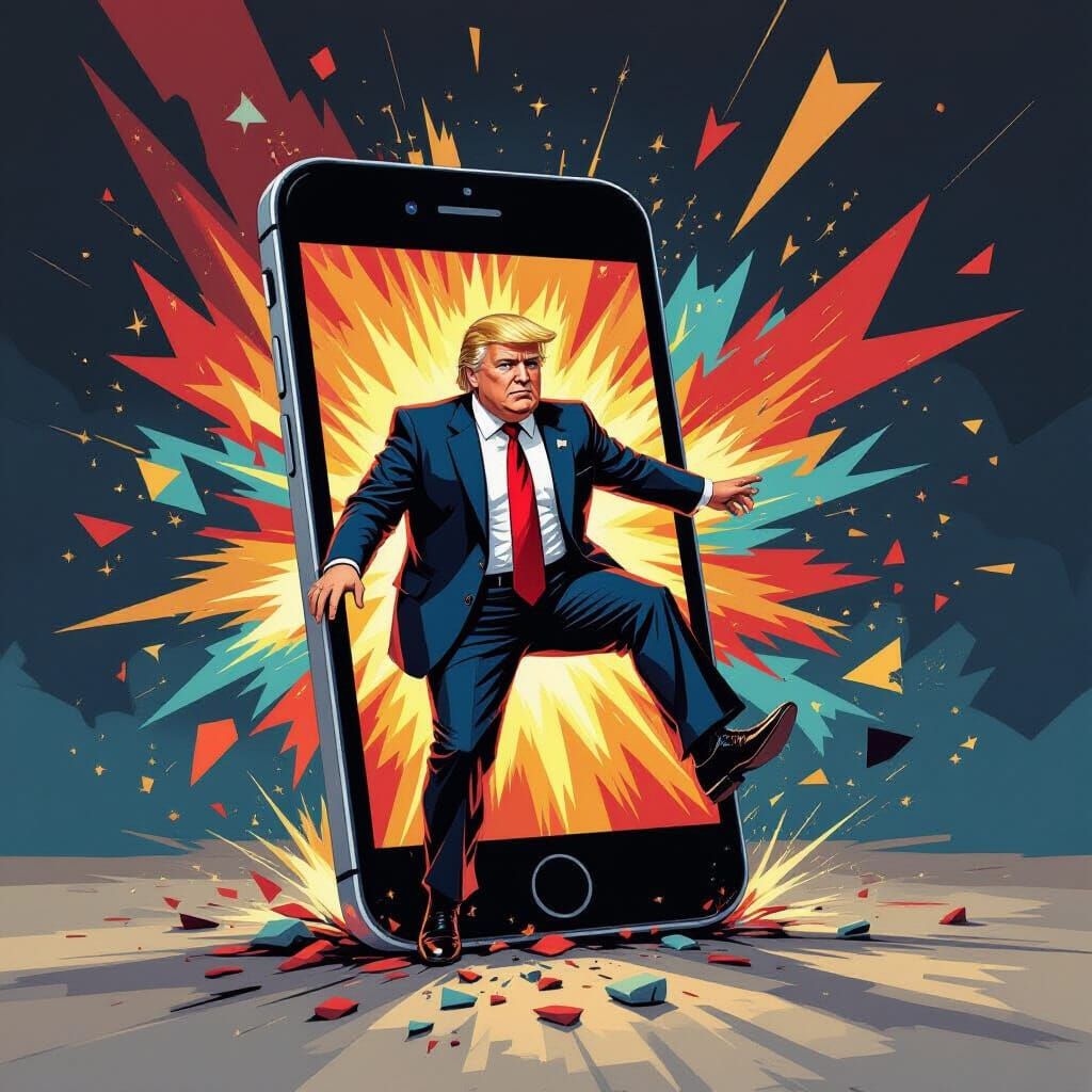 Surreal Digital Painting of Trump Emerging From Broken Smart...
