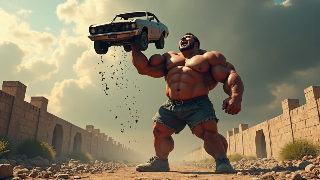 Giant Bodybuilder Lifts Car: Dreamlike Matte Painting