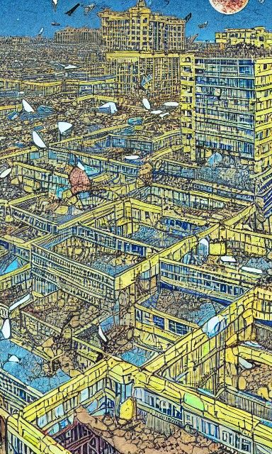 Pigeons Soaring Over Post-Apocalyptic Cityscape