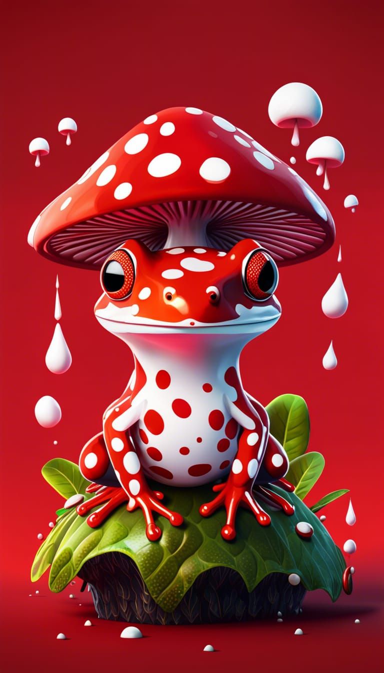 Whimsical Red Spotted Frog on Mushroom, Digital Art