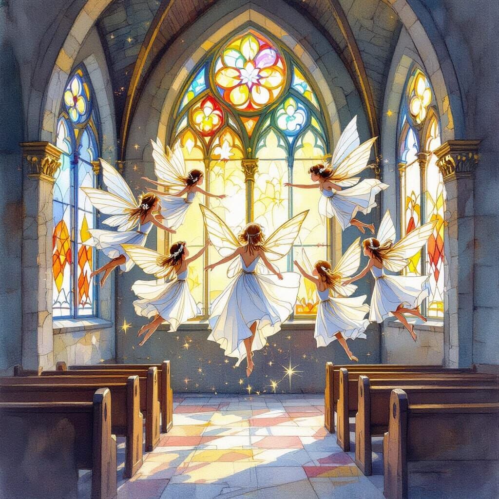 Tiny Fairies in Stained Glass Chapel Watercolor