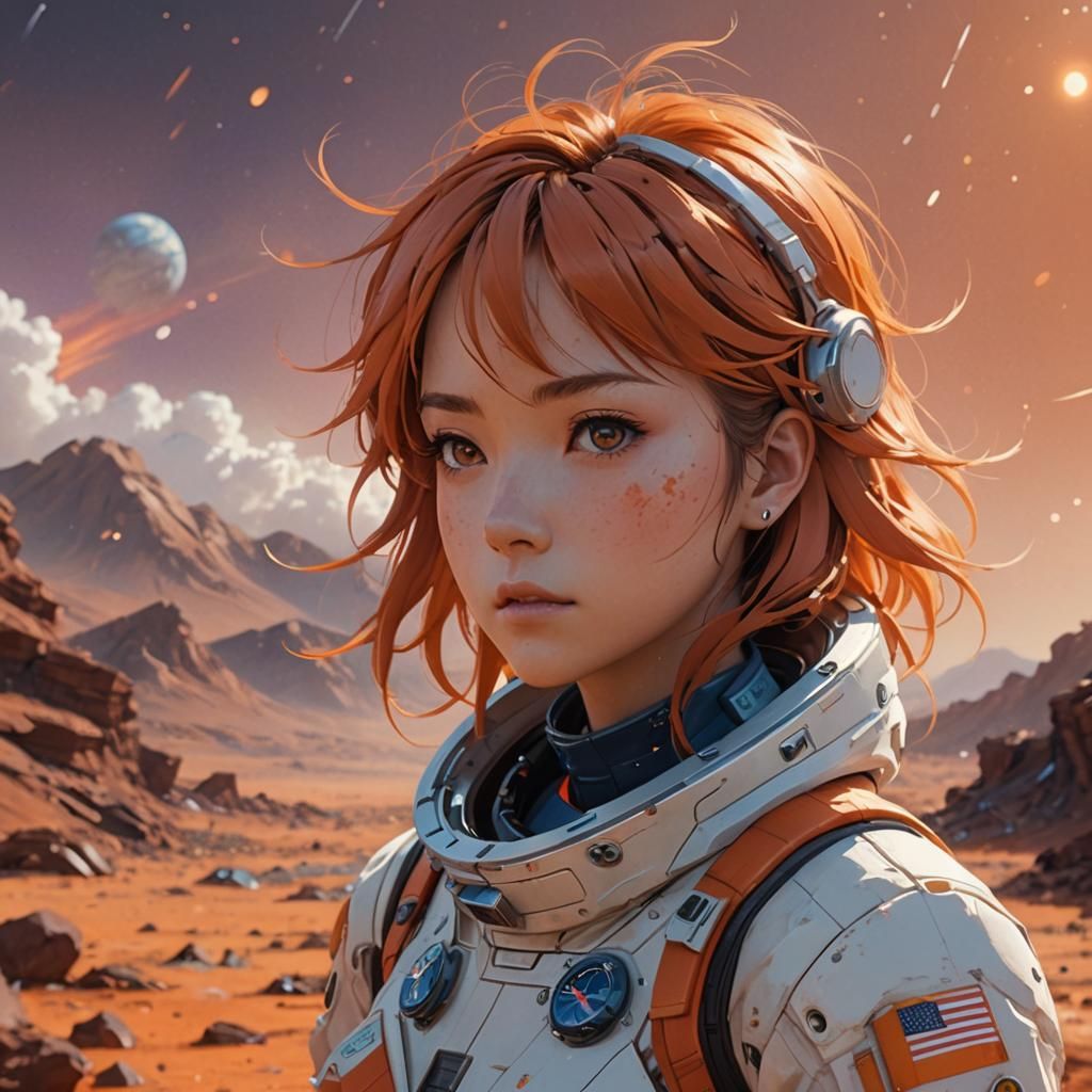 Astronaut Girl in Orange Landscape, Anime-Inspired 3D Art
