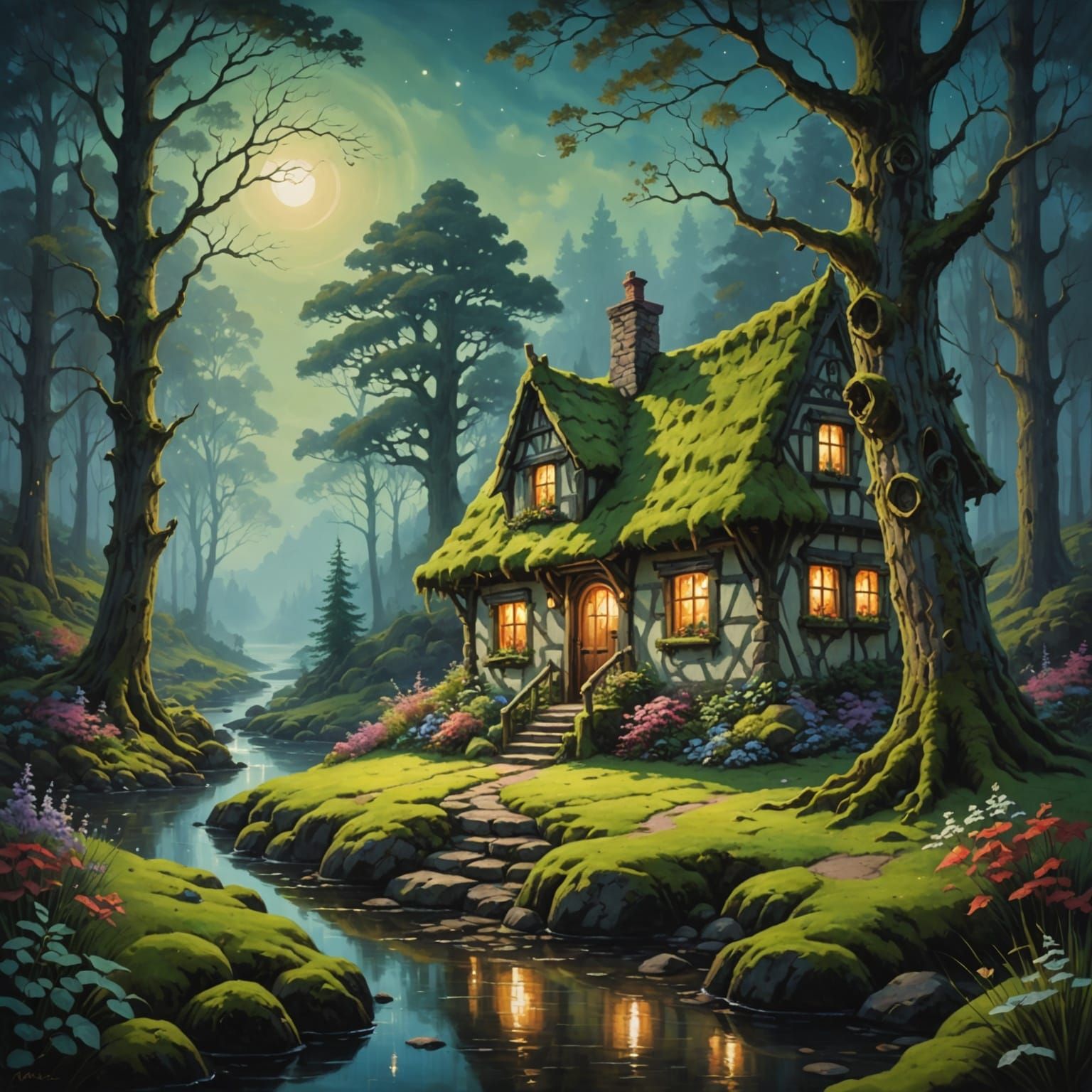 Enchanted Twilight Forest with Mystical Cottage Oil Painting