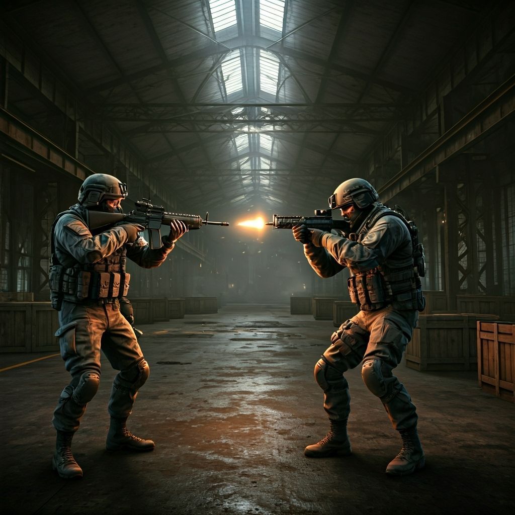 Intense Gunfight in Dark Industrial Warehouse