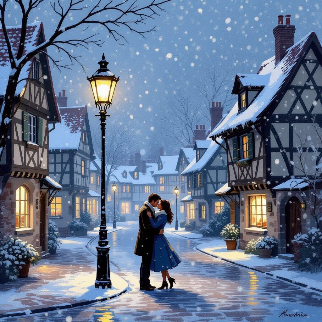 Romantic Village Square in Gentle Snowfall, Painterly Style