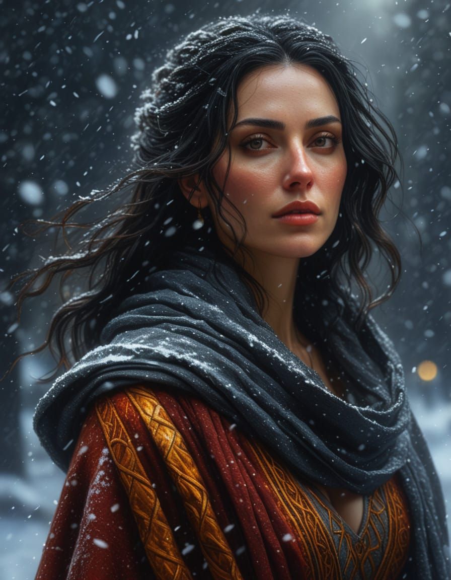 Ethereal Portrait of Eve in Snowy Renaissance Landscape