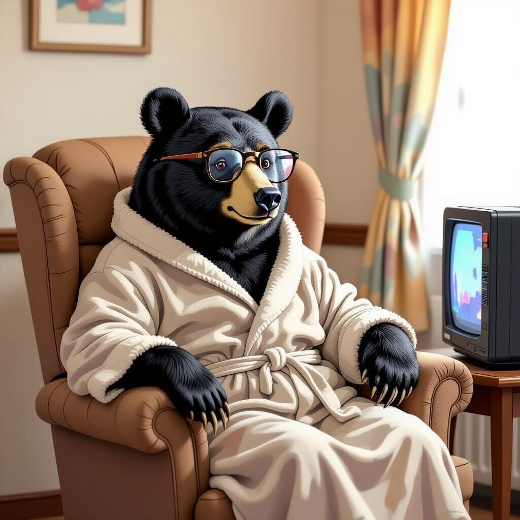 Elderly Bear Watching TV, Whimsical Digital Art
