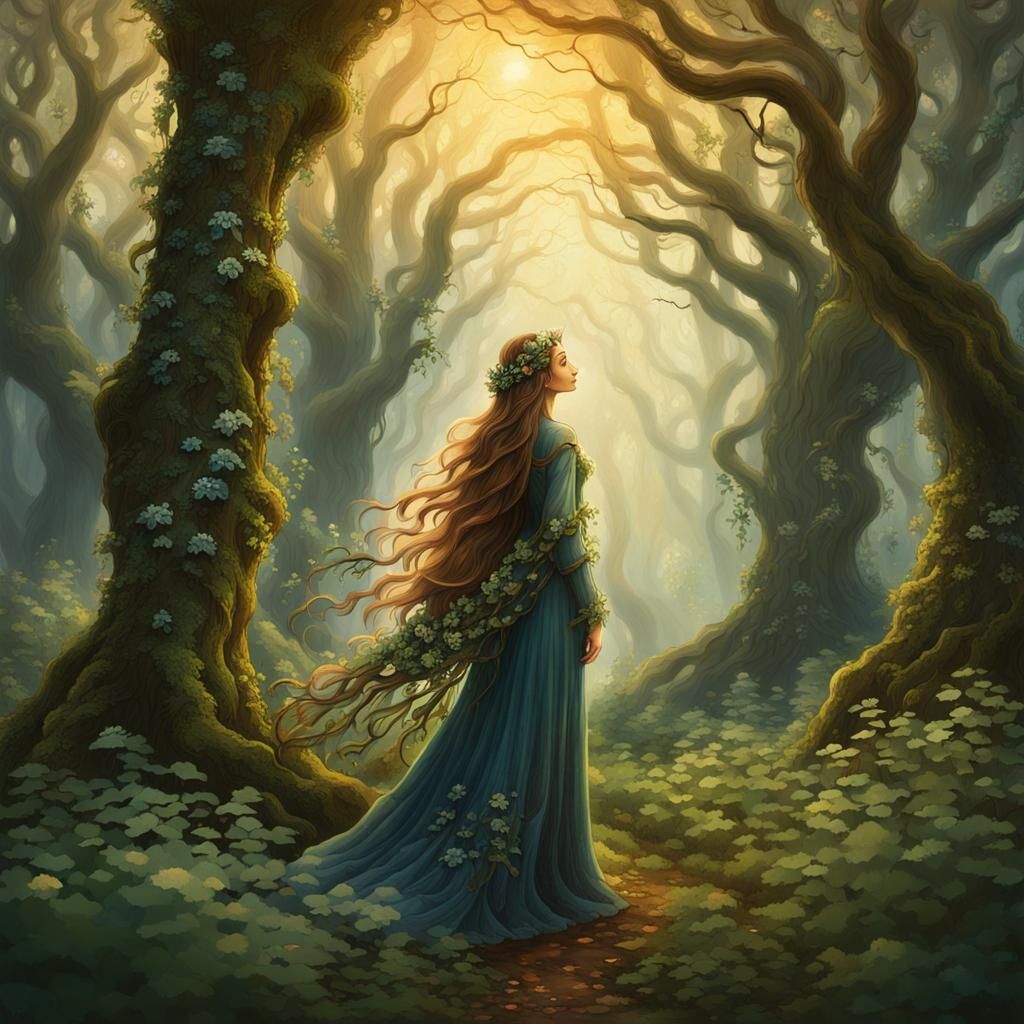 Ethereal Forest Woman in Twilight: A Klimt-Inspired Vision