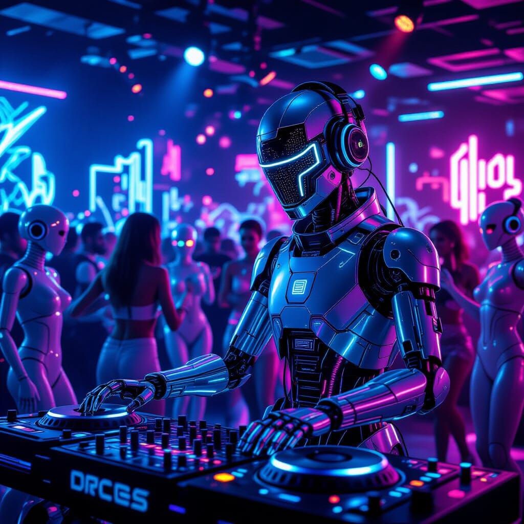 Robot DJ Spins Music in Cyberpunk Nightclub