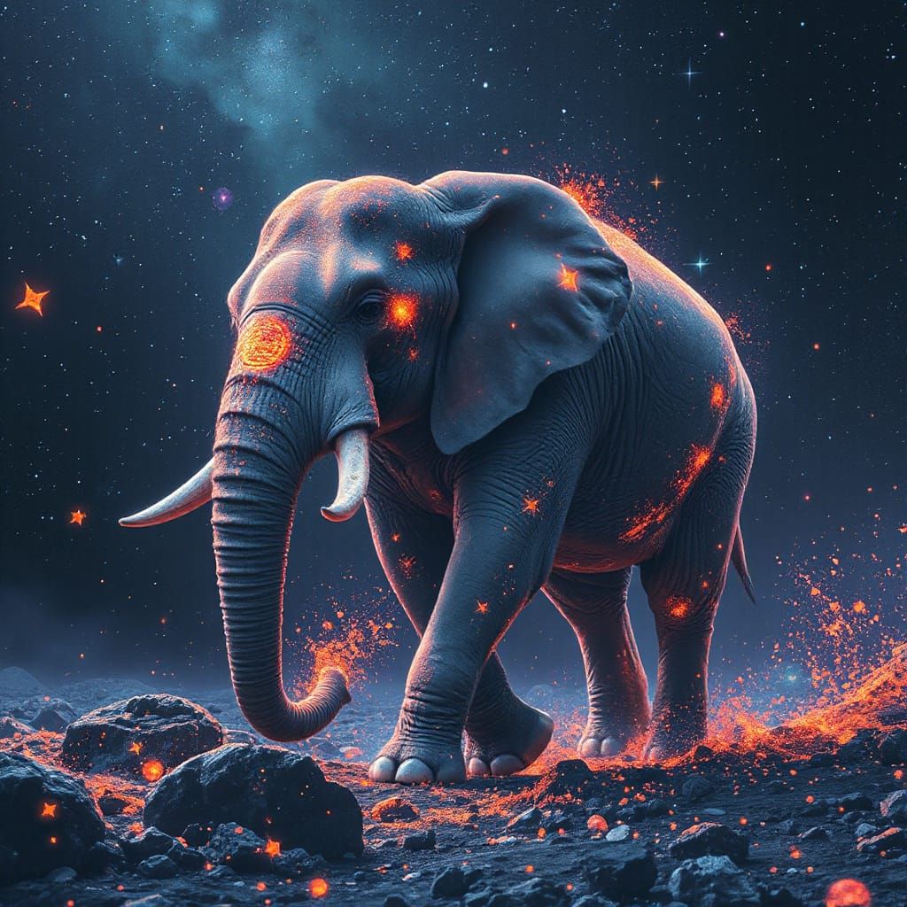 Cosmic Elephant Walking Through Twinkling Stars