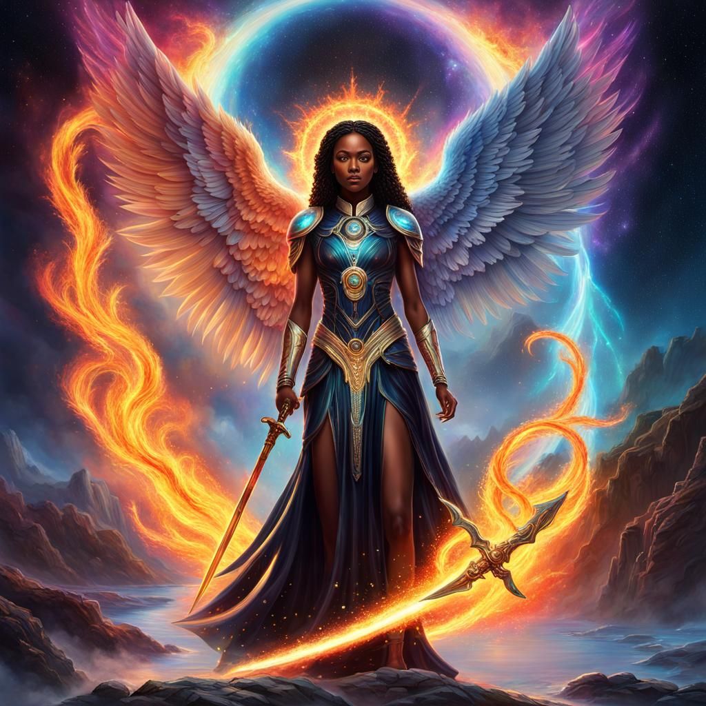 Black Female Angelic Guardian with Flaming Sword