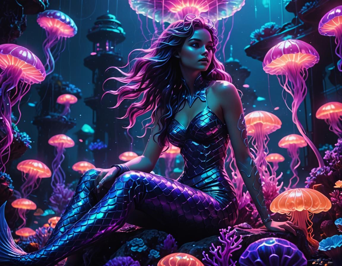 Synthwave Mermaid in Underwater City with Neon Glow