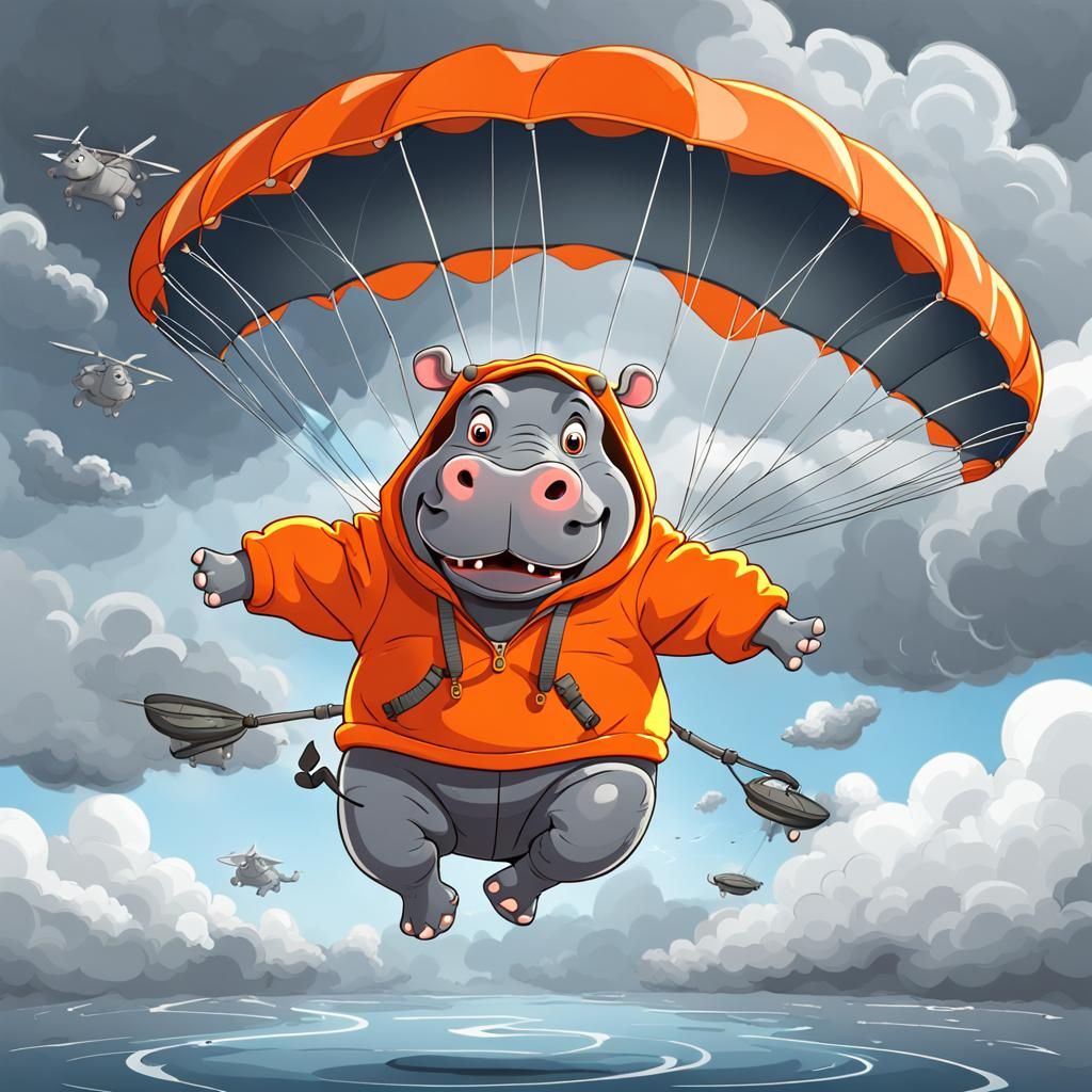 Funny Cartoon Hippo Skydiving Mishap