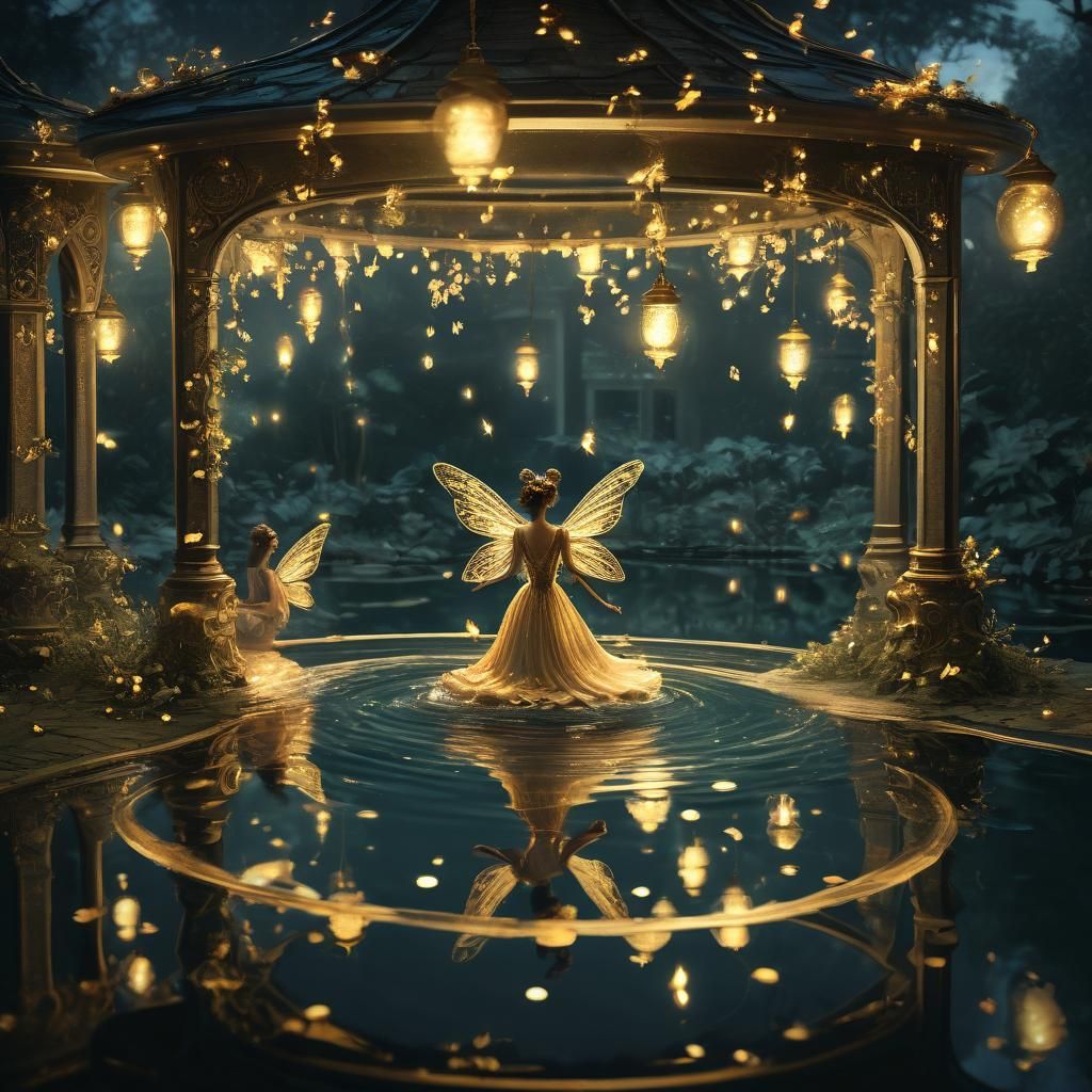 Fairies Circle Near Forest Pool with Fireflies