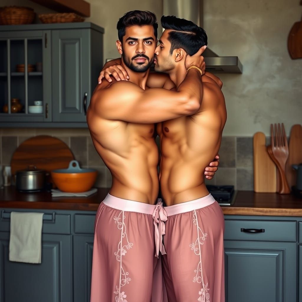 Two Muscular Men Embrace in Rustic Kitchen