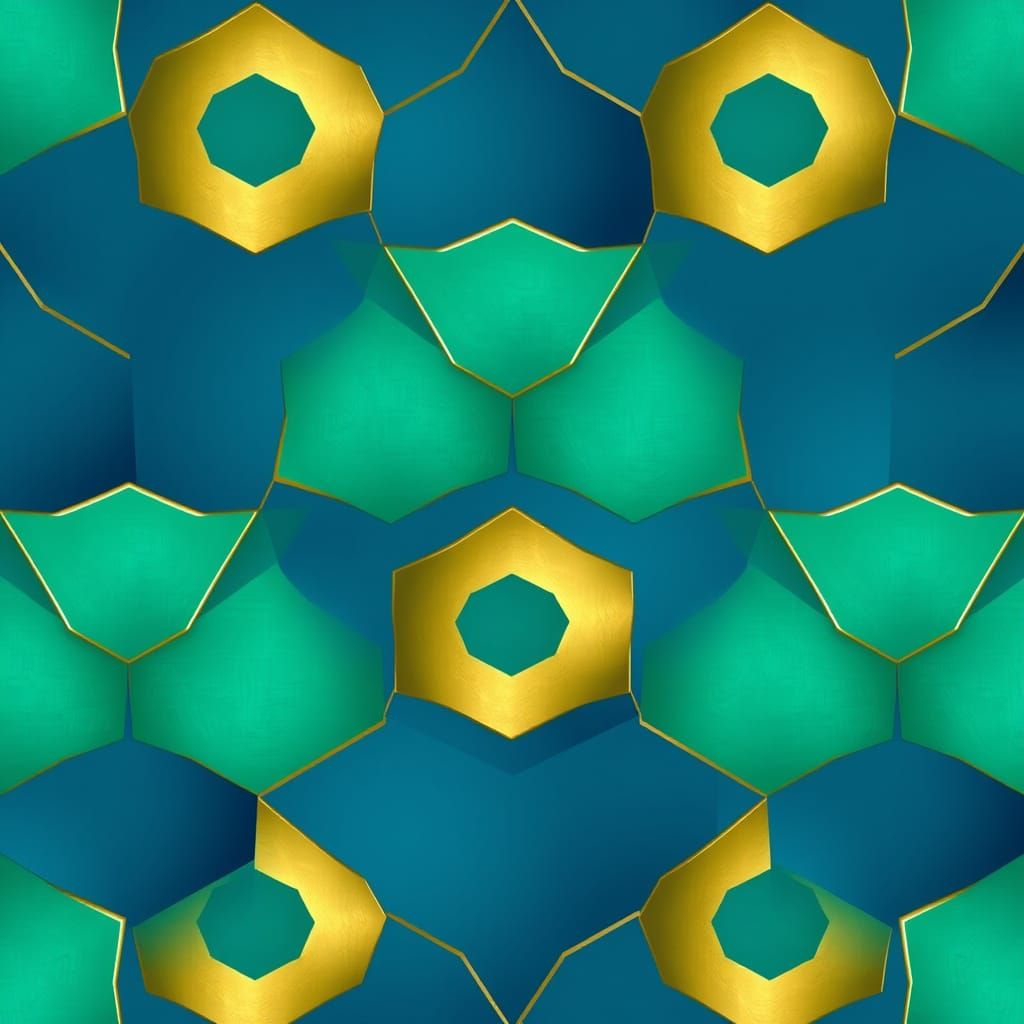 Geometric Hexagonal Tiles in Blue, Green, and Gold