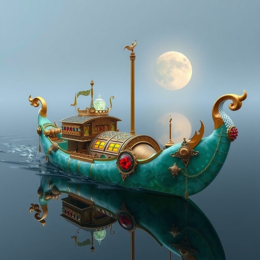 Futuristic Jade and Ruby Boat in Epic Style