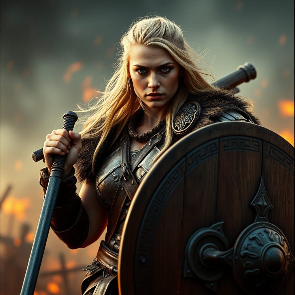 Fierce Norse Valkyrie Wields Sword in Valhalla's Fiery Skies