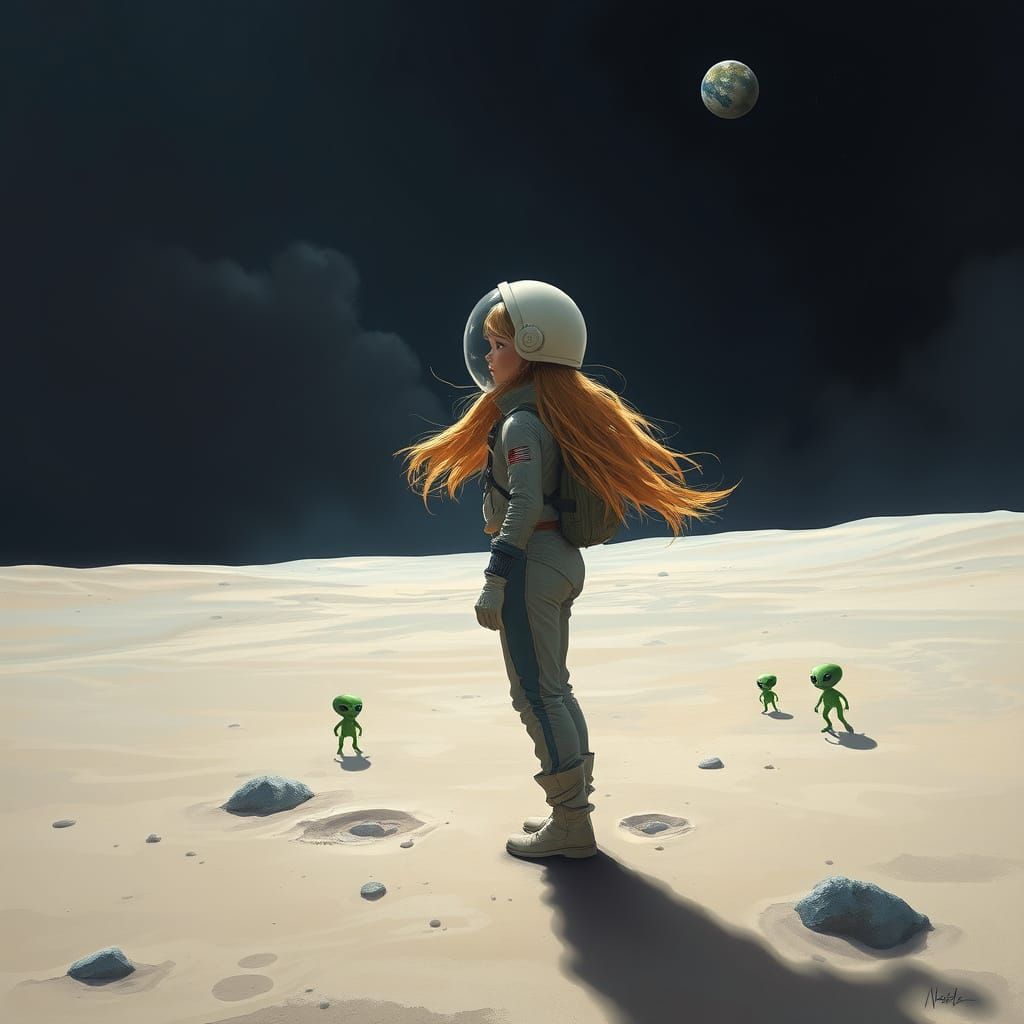 Girl in Austronat Suit Gazing at Aliens on Moonlit Earth