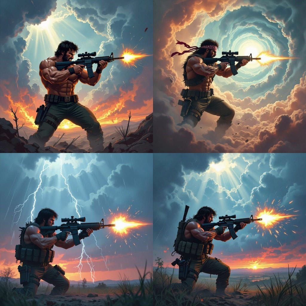 Rambo Unleashes Gatling Gun in Surreal Action Painting