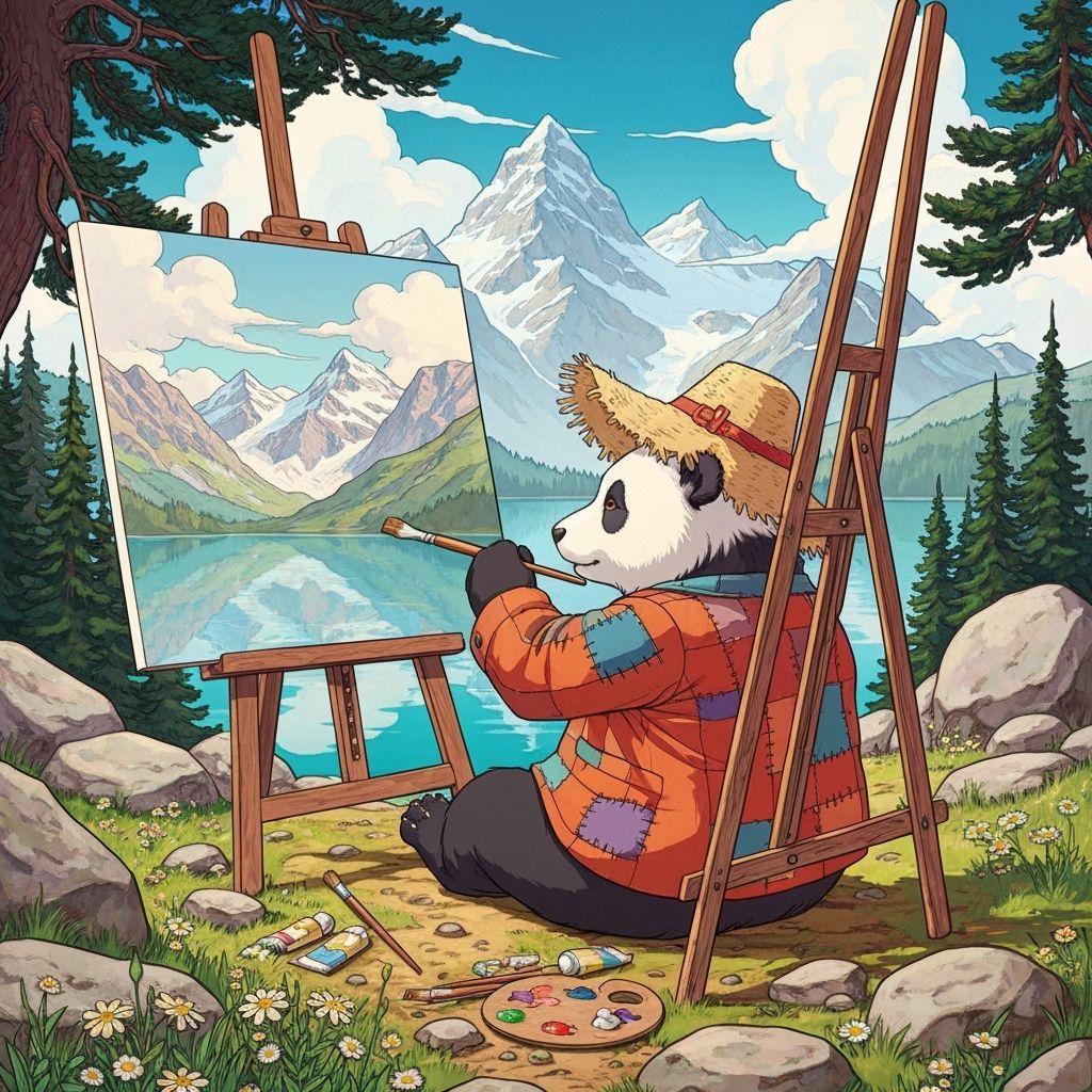 Panda Artist Paints Alpine Lake Landscape in Art Nouveau Sty...
