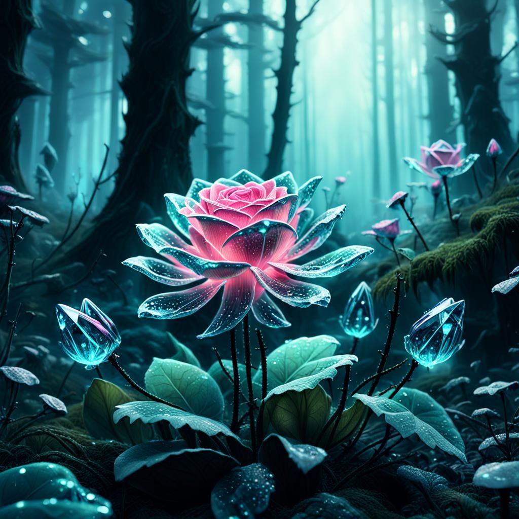 Mystical Fluorescent Crystal Rose in Ancient Forest