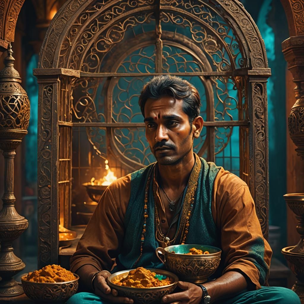 Sad Man in Cage with Curry: Matte Painting