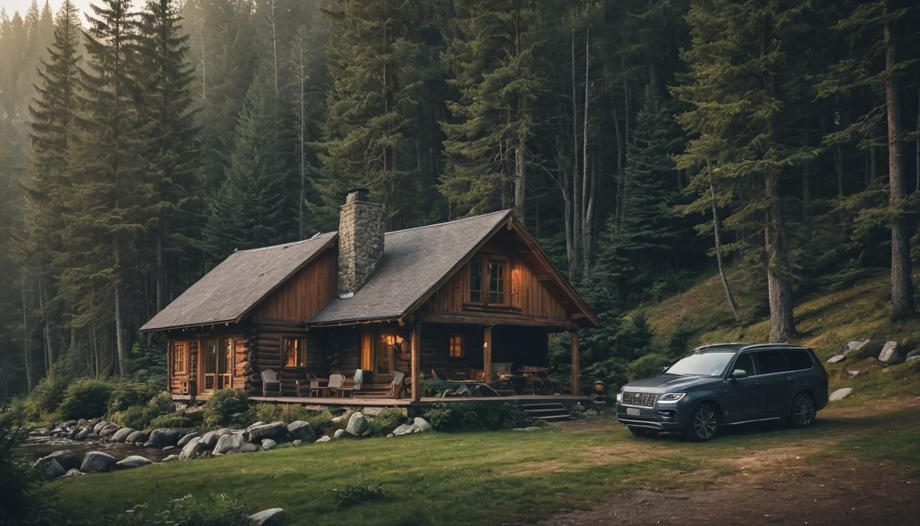 Cozy Cabin with Car and 8K Nature Background