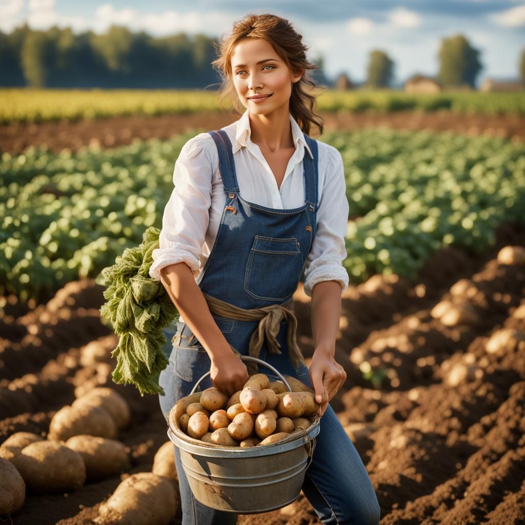 Farm Maiden Harvesting Potatoes: Aesthetic Beauty and Realis...