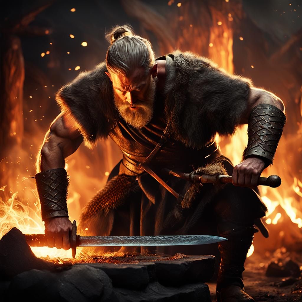 Viking Smith Forging Sword: Hyper-Realistic Digital Art