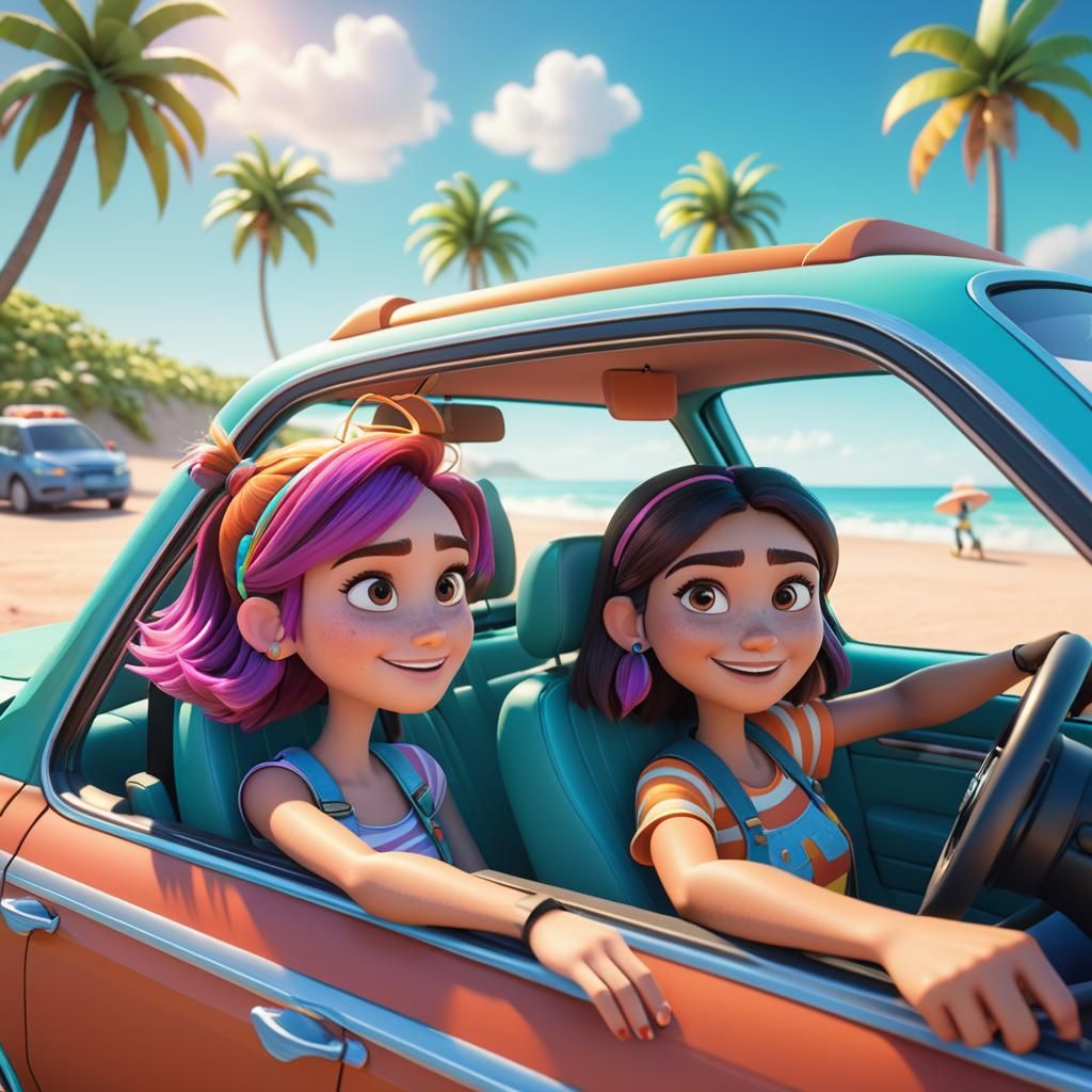 Girls' Road Trip Near the Beach as 3D Digital Art