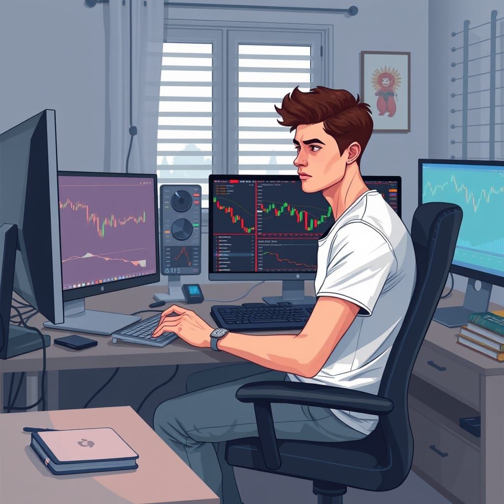 Young Trader Analyzes Forex Markets in His Home Study