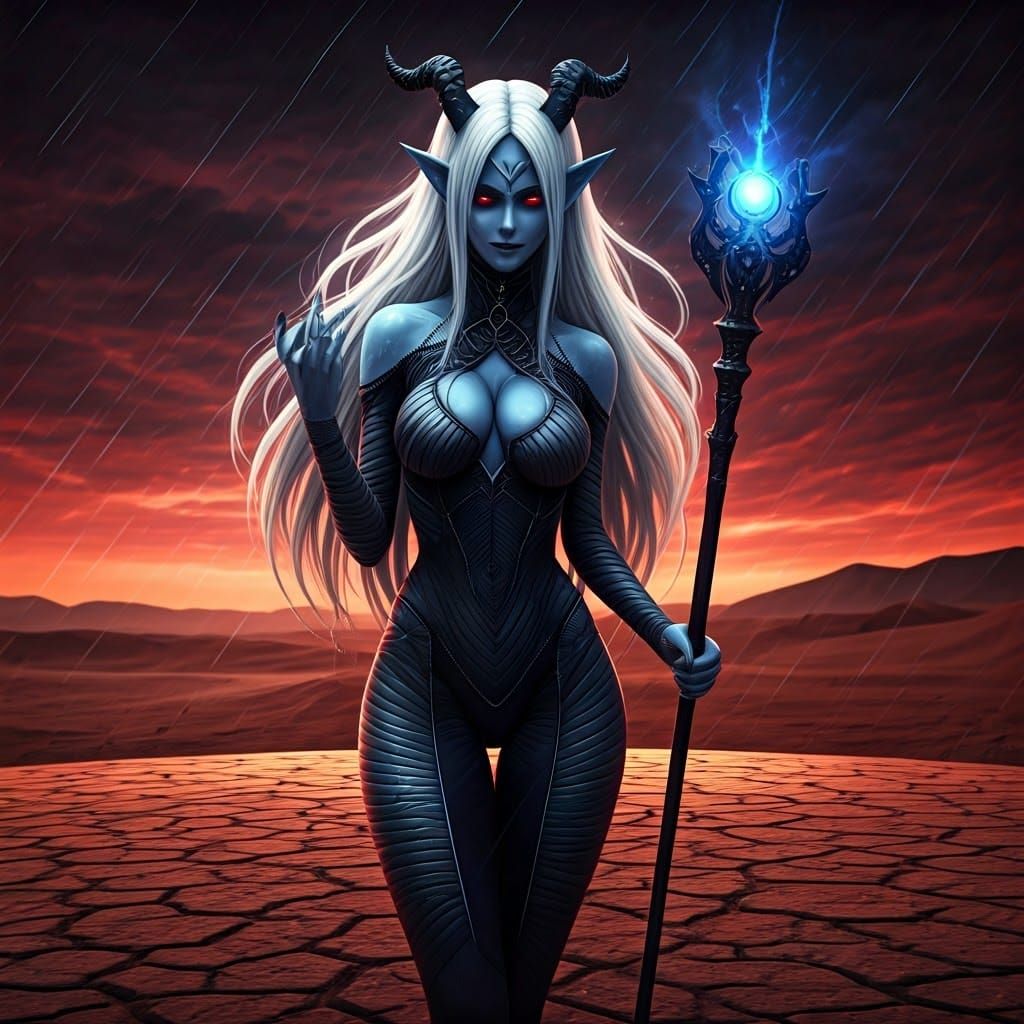 Surreal Gothic Anime Goddess Reigns Over Desolate Desert Lan...