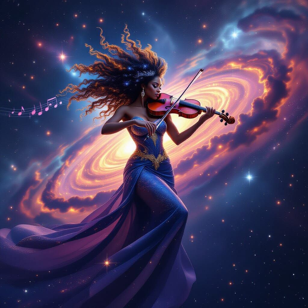 Celestial Afro-Latina Entity Plays Cosmic Violin in Galaxy