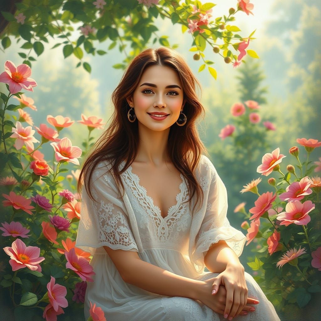 Serene Woman in a Vibrant Garden Oasis