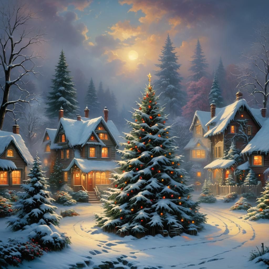 Christmas Tree in Snowy Yard in Kinkade Style