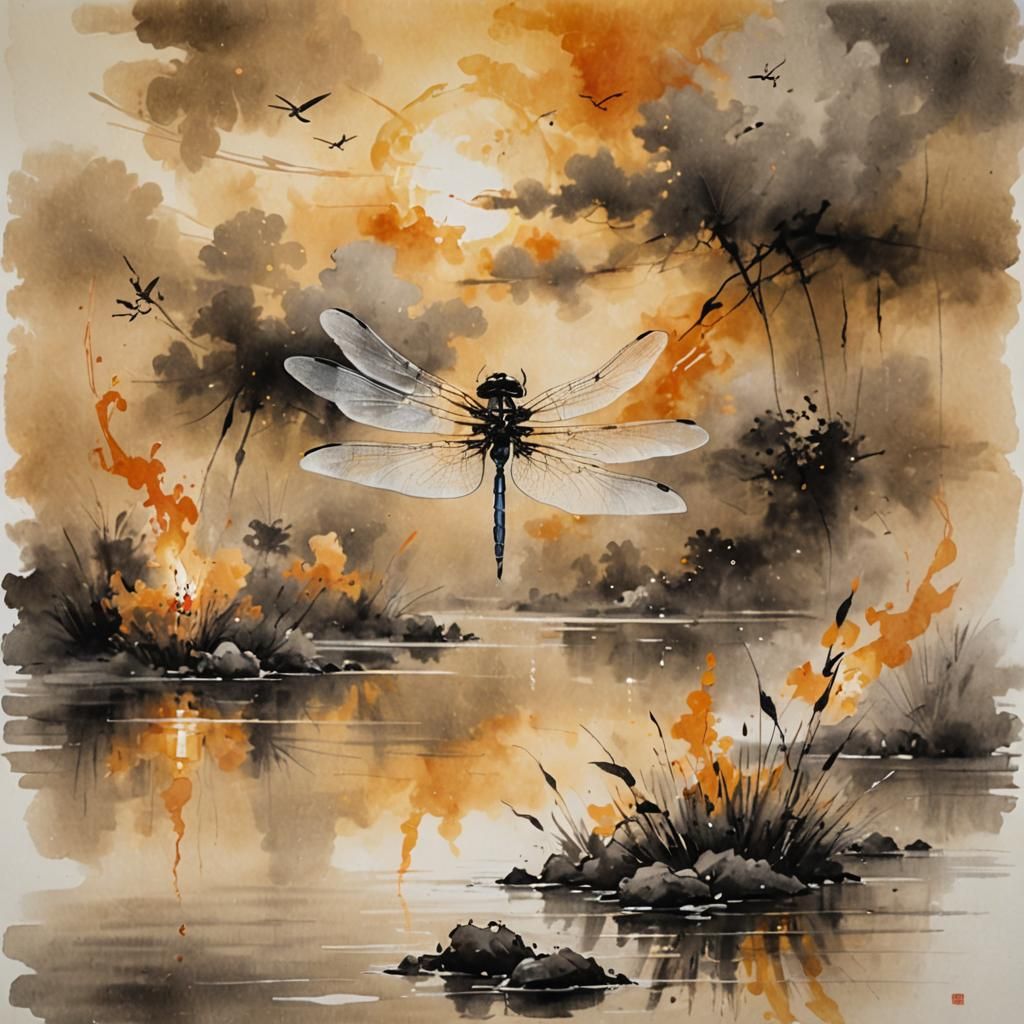 Dragonfly over Serene Landscape in Ink Wash Style