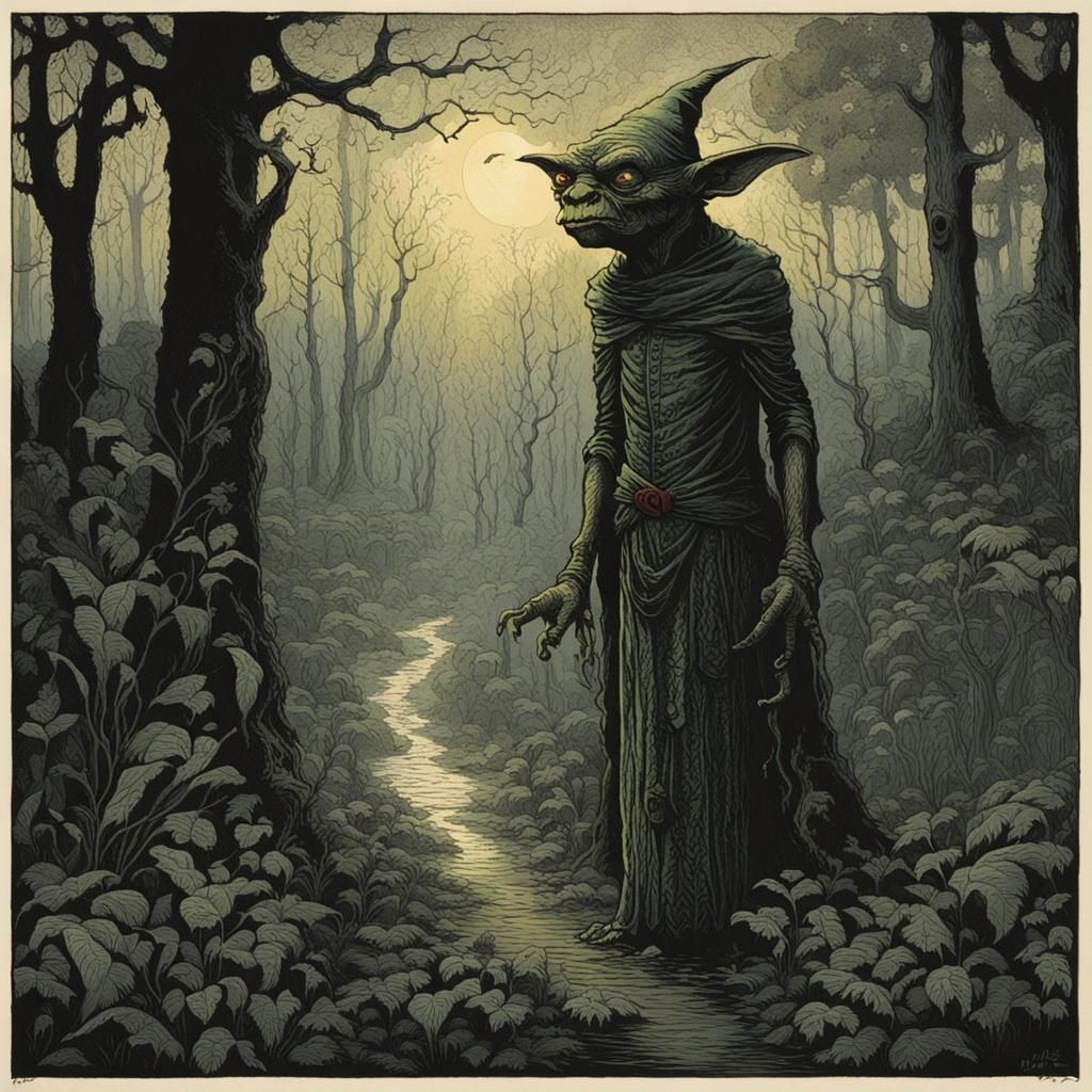 Enchanting Goblin in Forest: Etching-Style Illustration