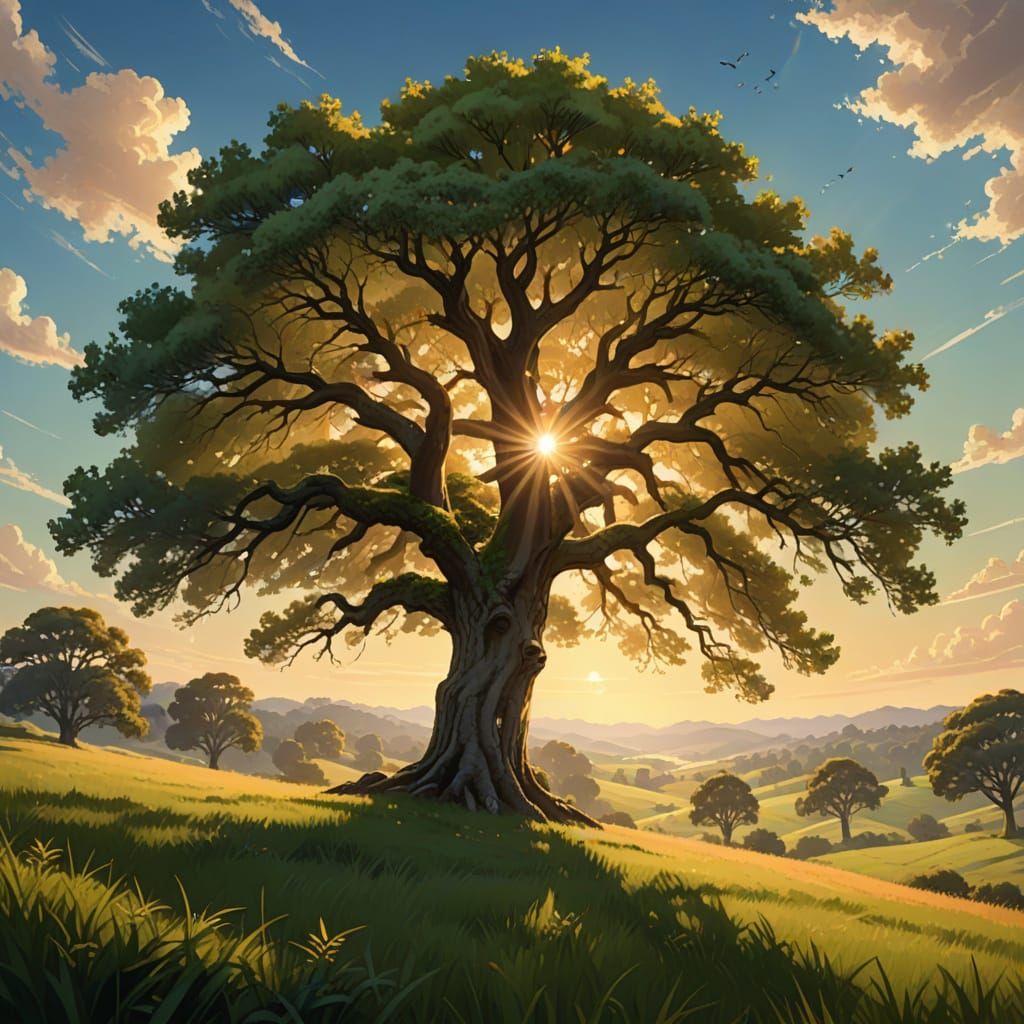 Serene Landscape with Ancient Oak Tree at Golden Hour