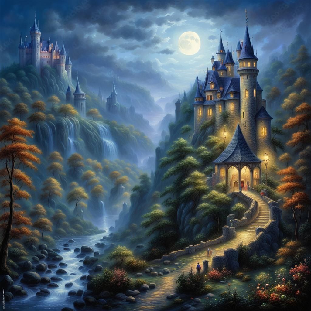 Gothic Castle Under Moonlight in Ethereal Landscape