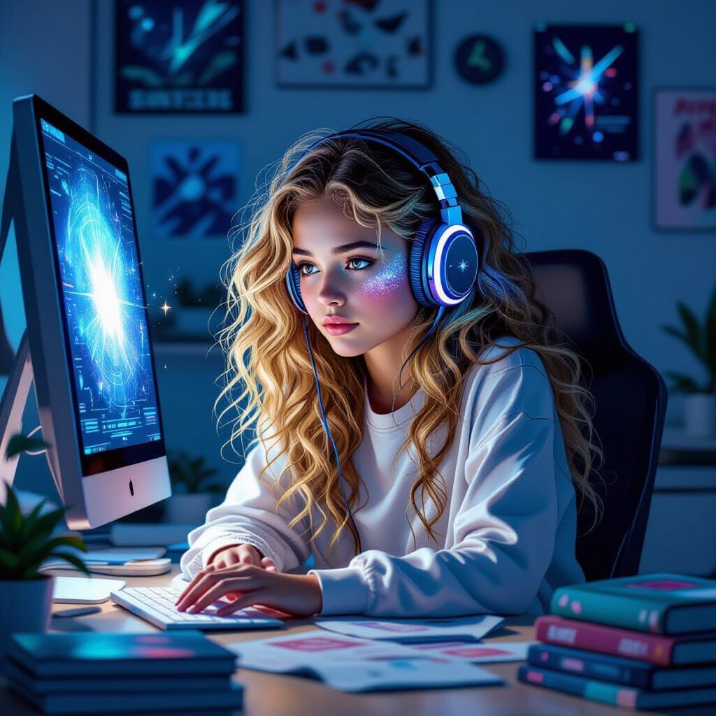 Girl Reading with Stardust, in Dystopian Futurism Style