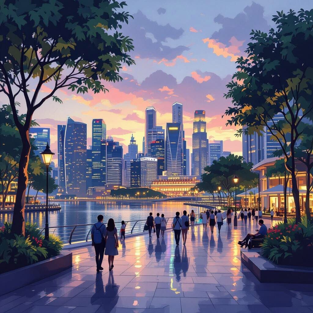 Singapore Cityscape at Dusk in Digital Painting Style