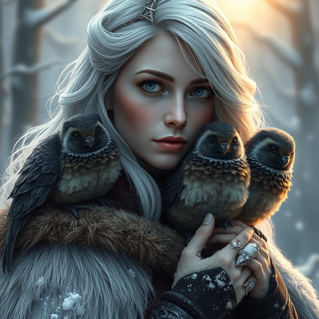 Ethereal Winter Goddess with Majestic White Birds