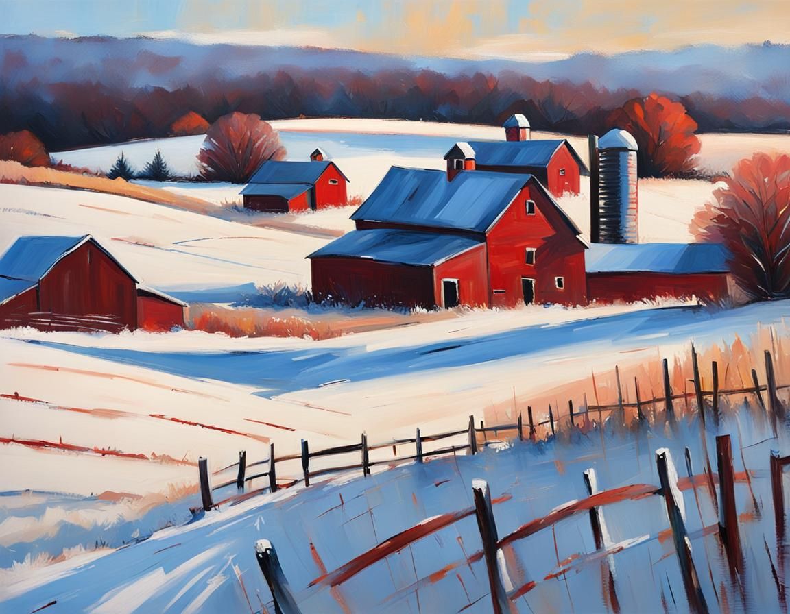 Impressionist Winter Farm Scene at Sunrise