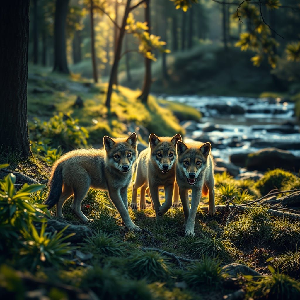 Wolf Pups Play by Serene Stream: Cinematic Photography