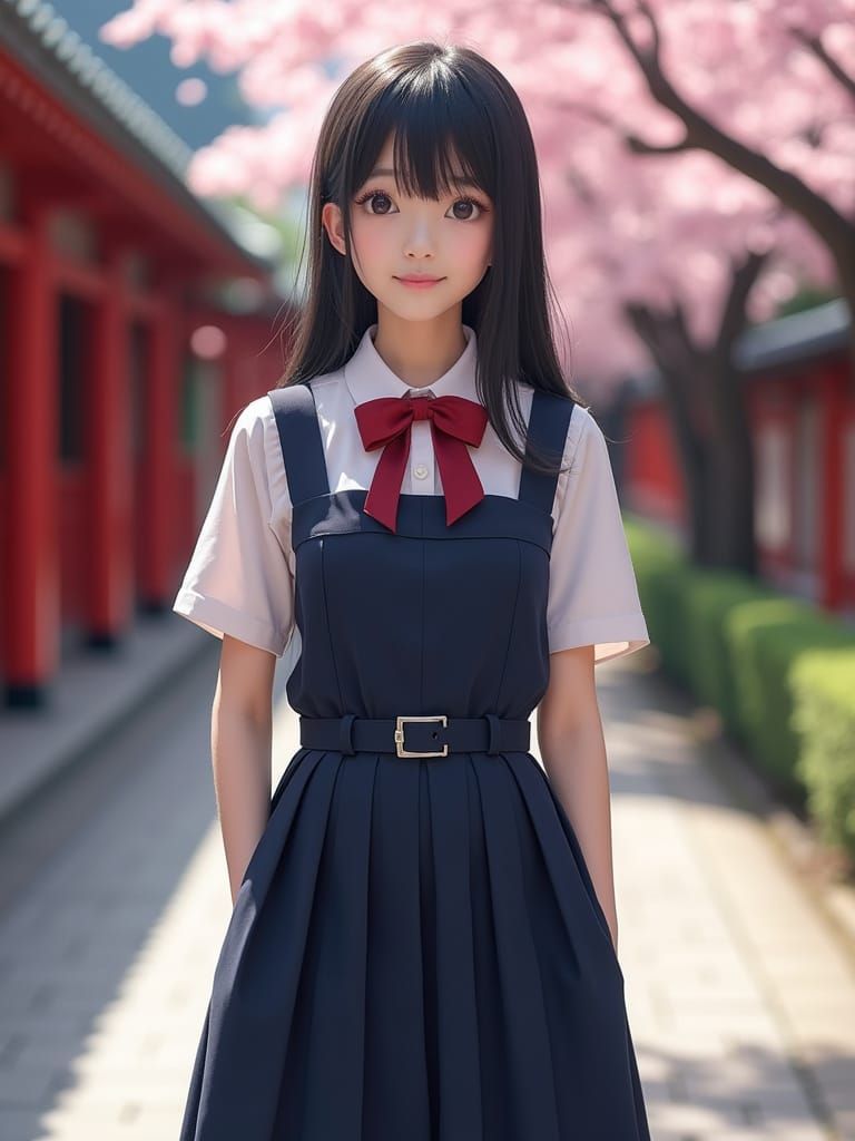 Kaori in Shrine Courtyard Amidst Blossoms
