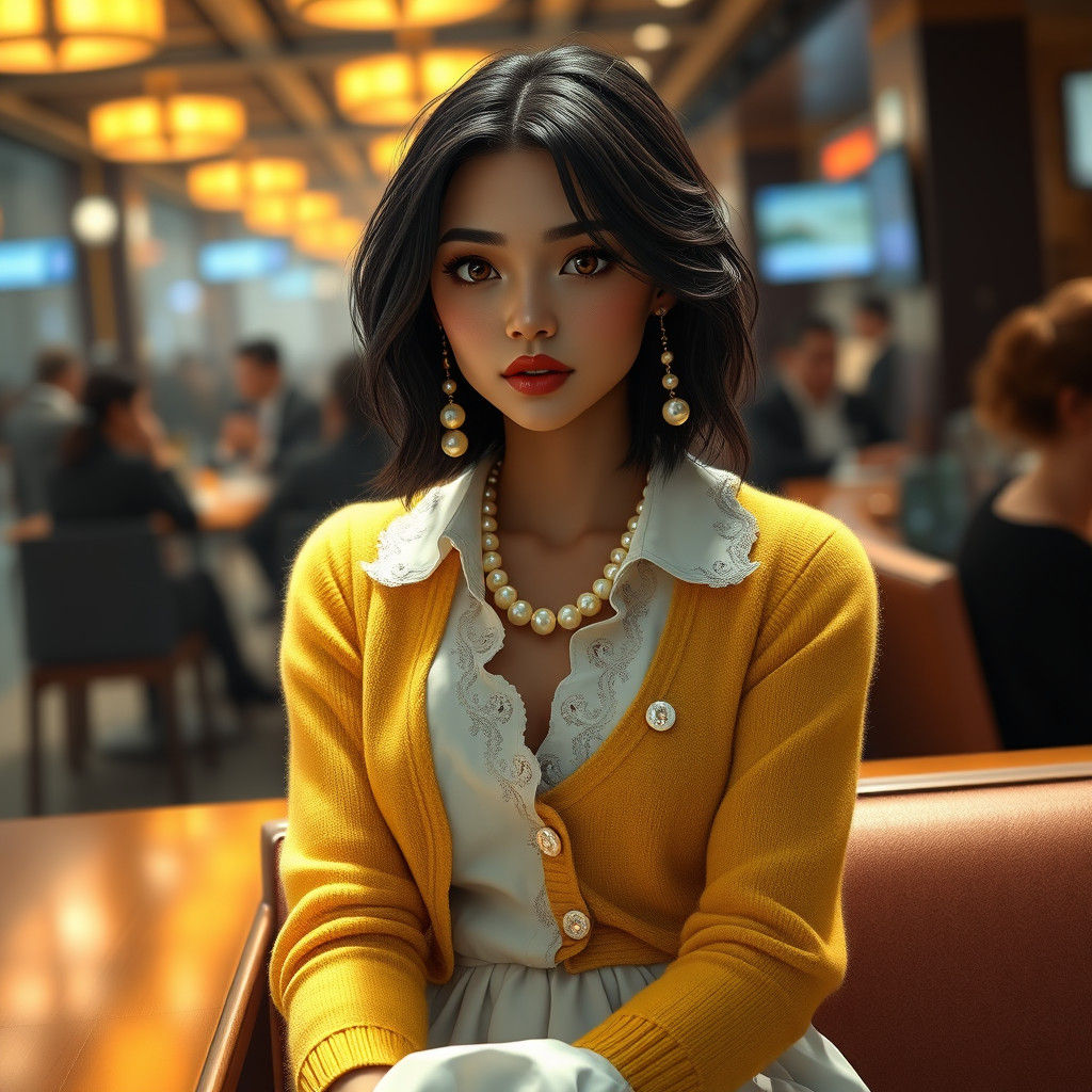 Brunette in Yellow Cardigan at Airport Bar