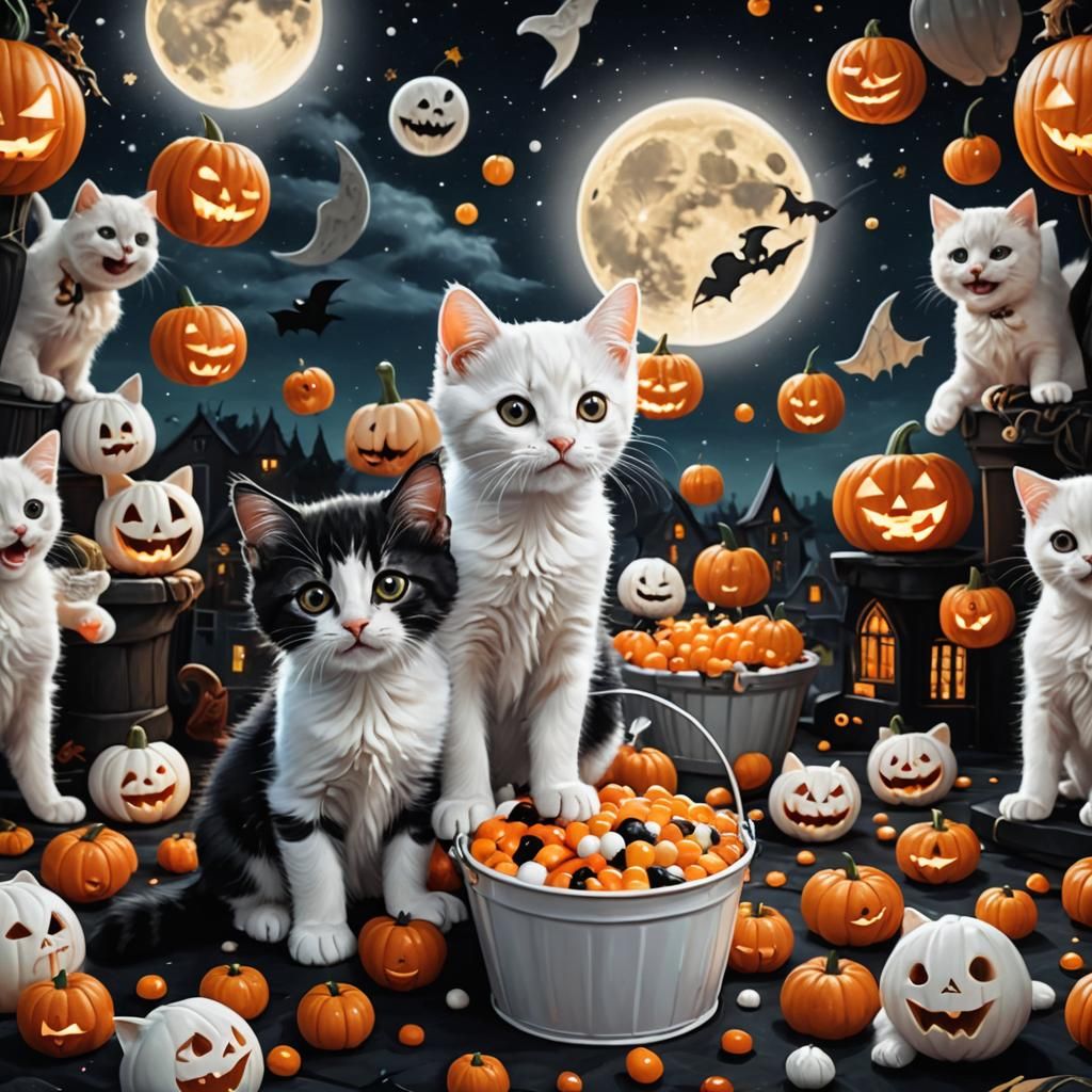 Halloween Kittens Playing Under the Moon, in Vibrant Digital...