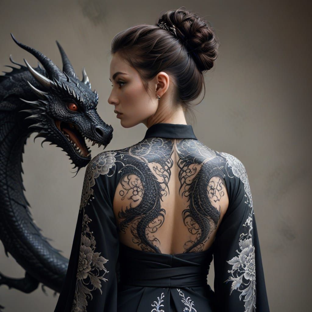 Elegant Woman with Dragon Tattoo in Minimalist Studio